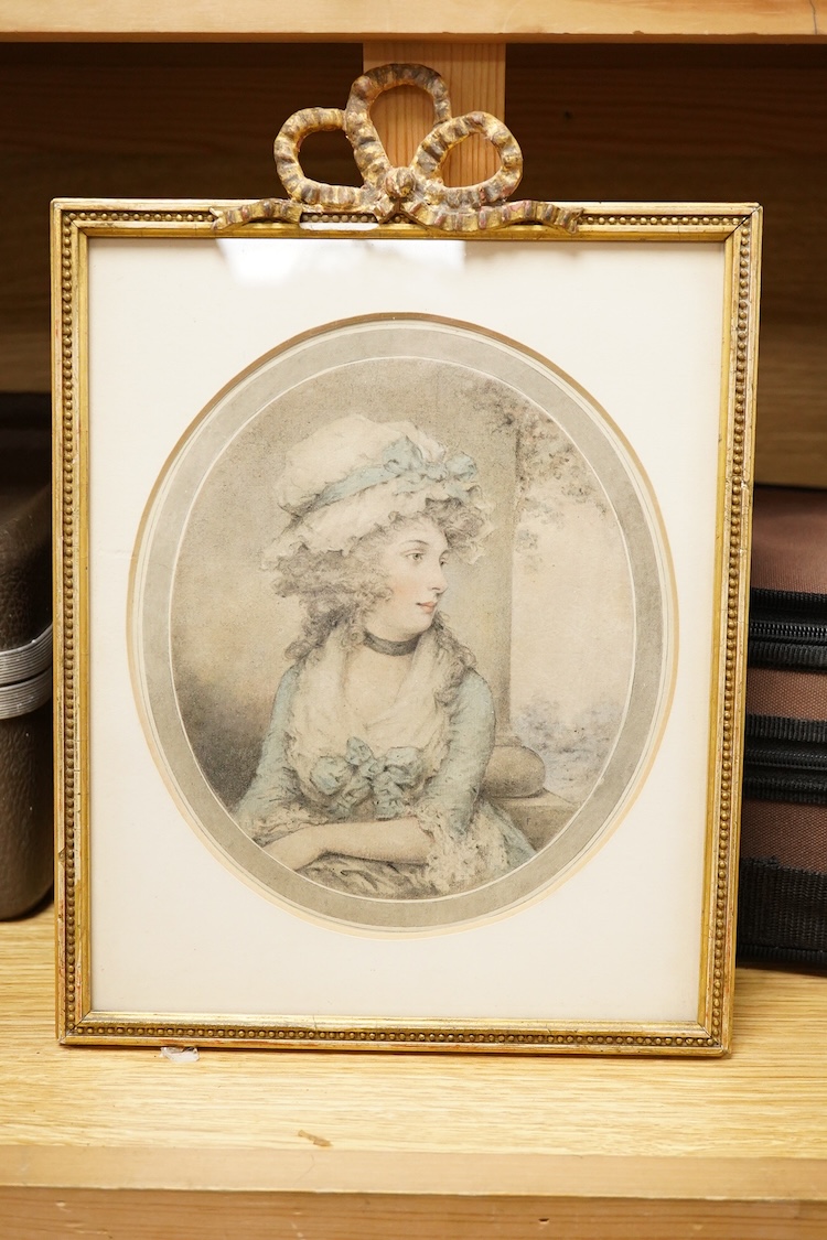 Manner of Sir Thomas Lawrence (1769-1830), A group of three portraits of young ladies, watercolours, in ribbon-tied frames, 17 x 14cm